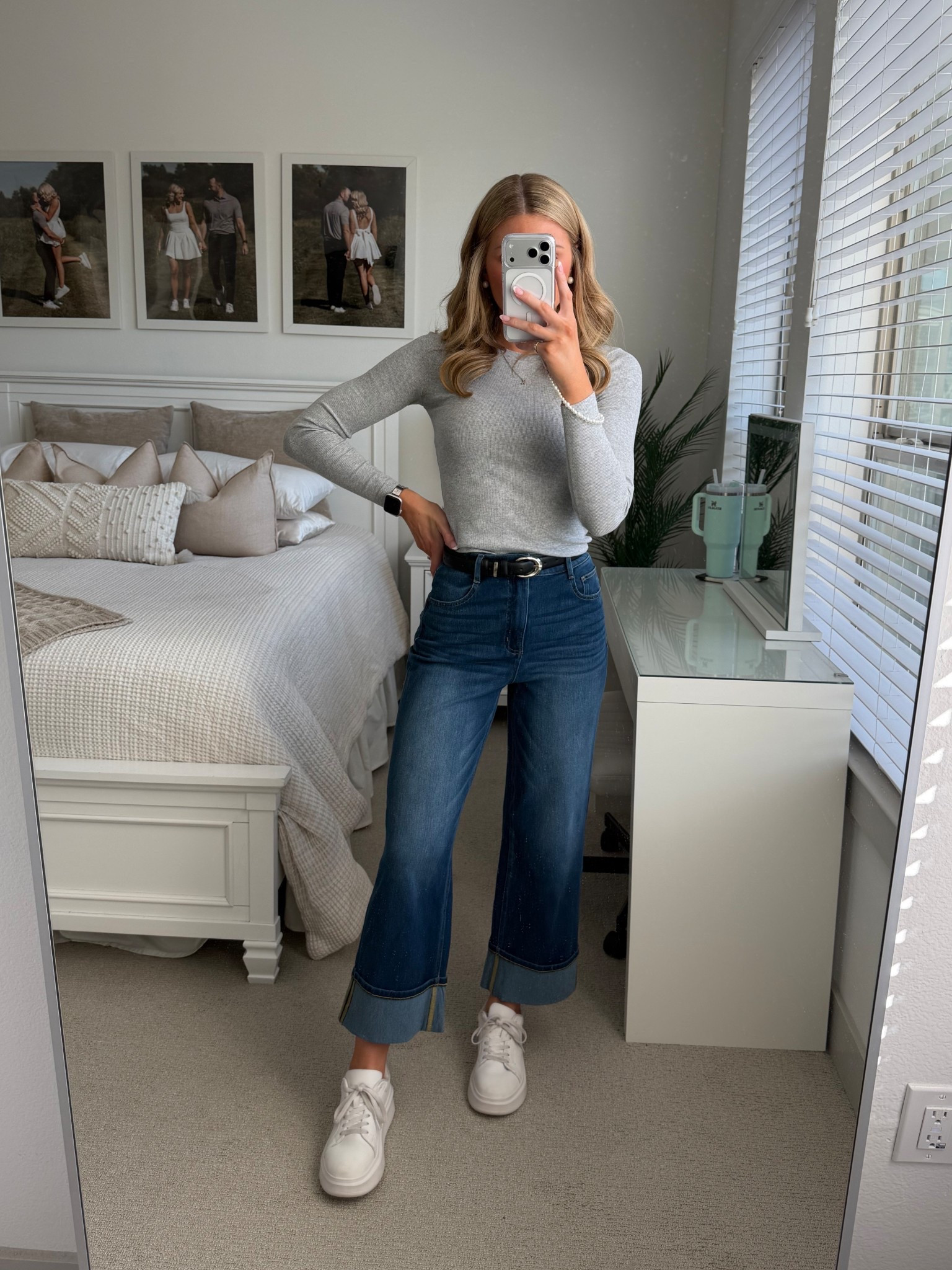 Casual everyday work outfit 🩶

Jeans | cuff jeans | white sneakers | basic top | basic long sleeve | platform sneakers | work outfit | basic outfit | ootd | mirror selfie | everyday fit | stretchy jeans | sweatpant jeans 

#LTKSeasonal #LTKBeauty #LTKSpringSale