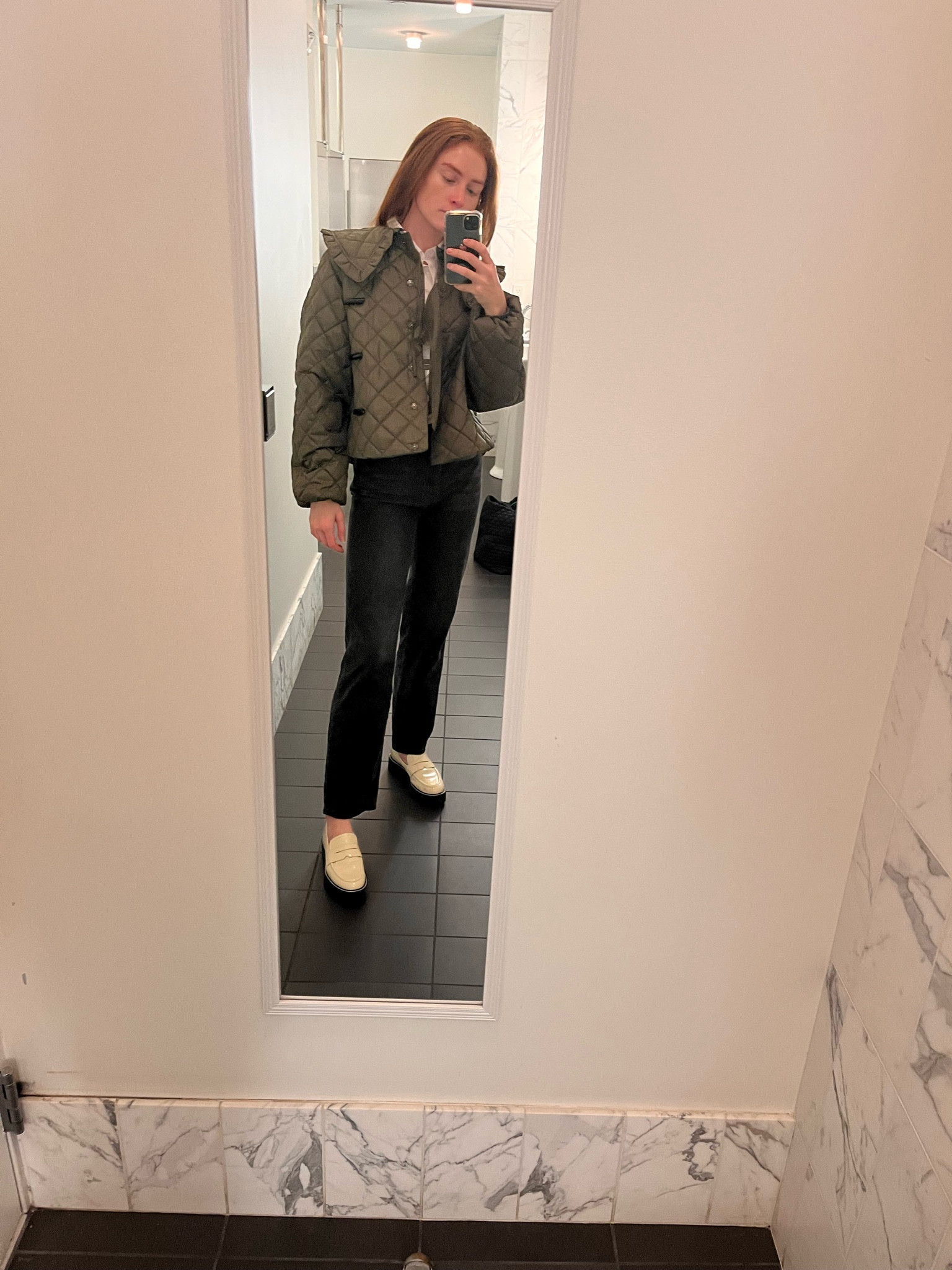 A nice office bathroom selfie to show off the first wear of this find!! Got last years version of this trending coat and it’s just as good. And these loafers are $60 and are the comfiest. 

#TheOutnet 

#LTKSeasonal #LTKsalealert #LTKworkwear