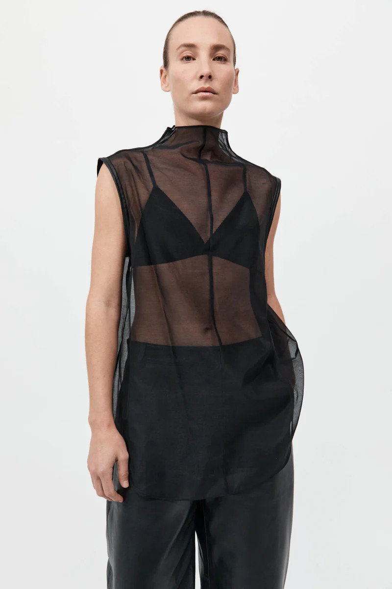 Sheer Silk Leather Trim Top - Black | St. Agni (US, UK, EU)