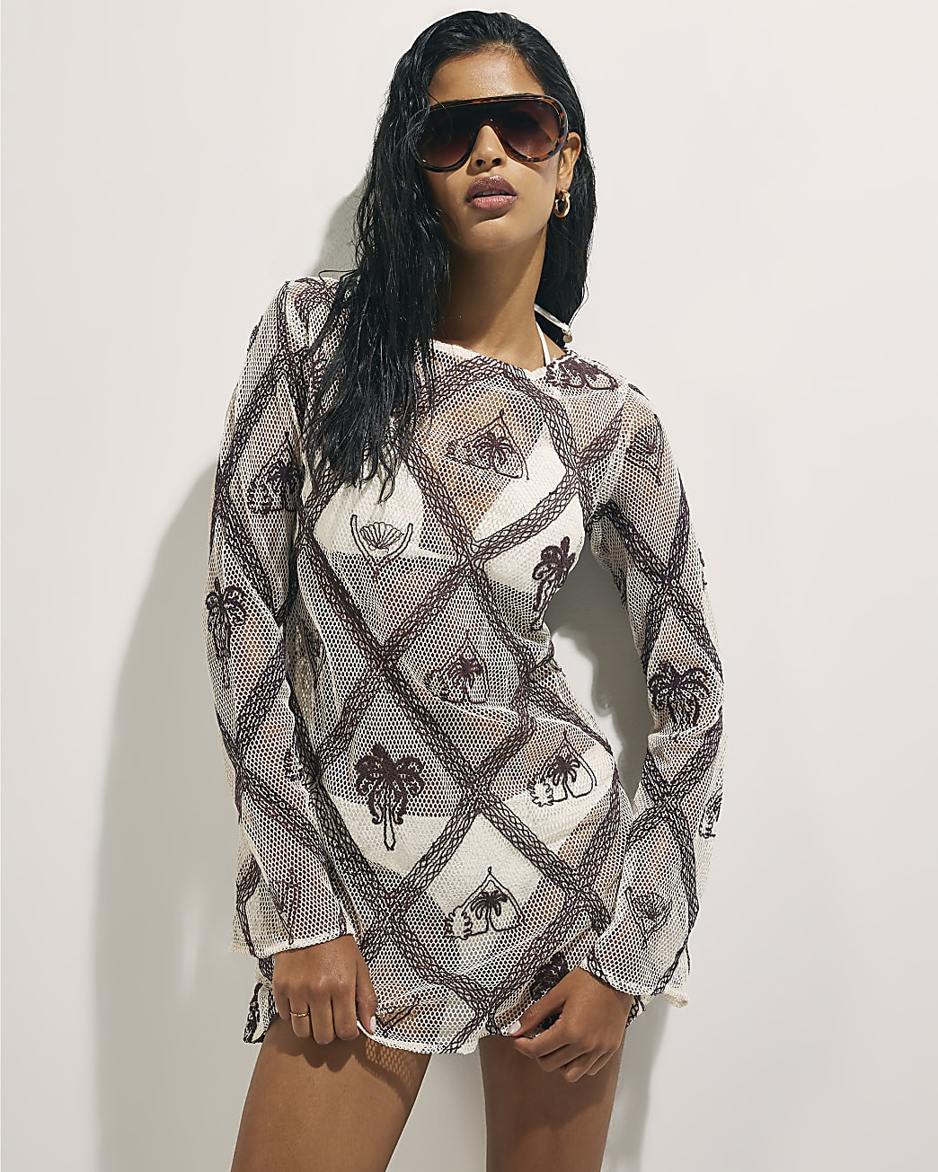 Cream Crochet Embroidered Mini Beach Dress | River Island UK & IE