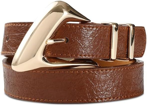 Brown Leather Stylish Belt with Shiny Gold Metal Buckle Unique Inflated Design for Casual Fashion... | Amazon (US)