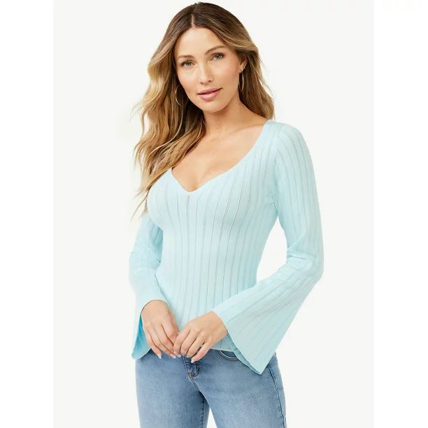 Sofia Jeans by Sofia Vergara Women's Sheer Sweetheart Neck Sweater with Notched Stripes - Walmart... | Walmart (US)