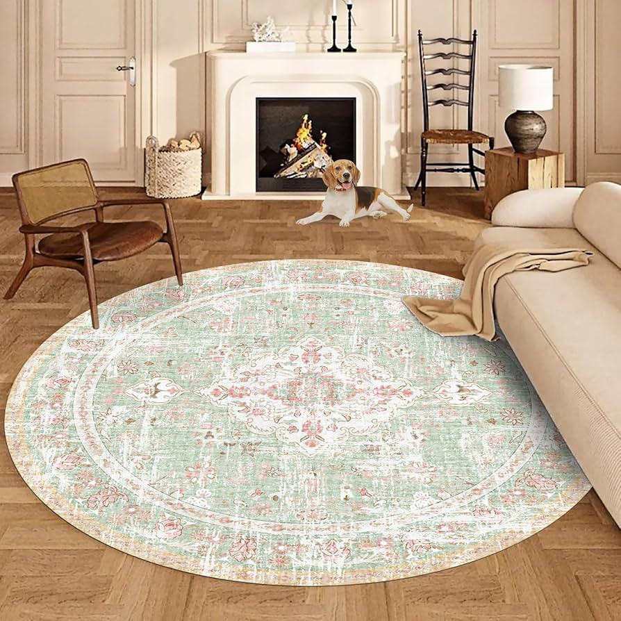 Vhong Boho Area Rugs Vintage Washable Modern Neutral Carpet Green and Pink 9×9 High Traffic Roun... | Amazon (US)