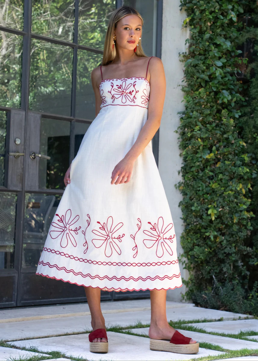 Carol Cream with Red Floral Embroidery Maxi Dress | Benaar La