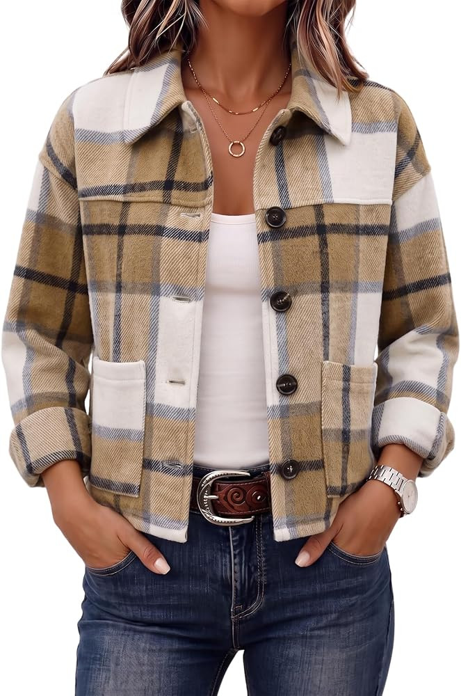 LOMON Women's Flannel Cropped Plaid Shacket Jacket Button Down Fall Outfits | Amazon (US)