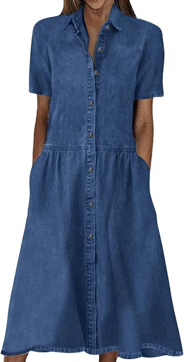 utcoco Womens Denim Dress Lapel Short Sleeve Frayed Hem Jean Dresses Oversized Button Down A Line... | Amazon (US)