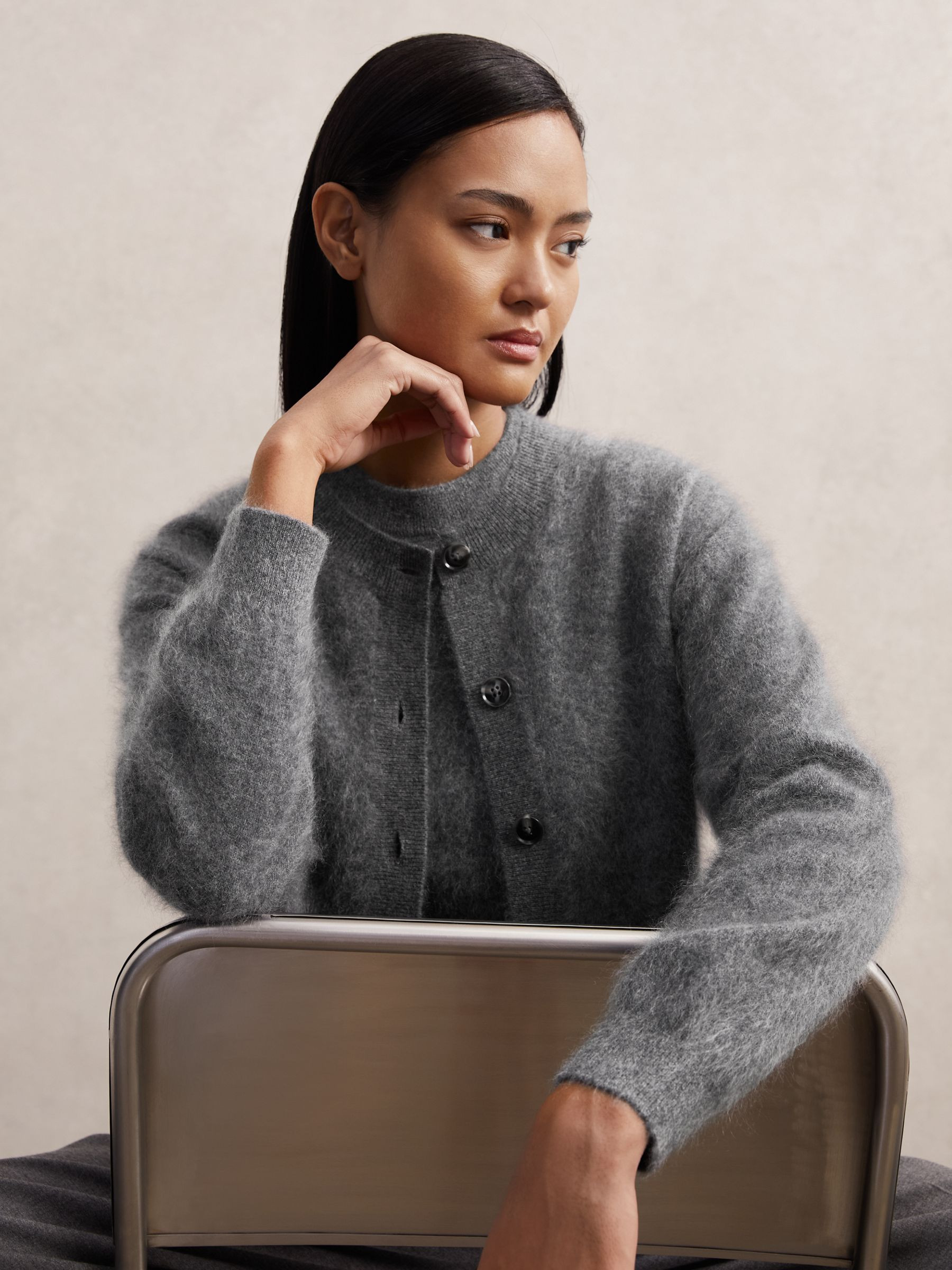 100% Brushed Cashmere Cardigan in Grey | Reiss UK