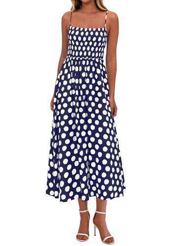 PRETTYGARDEN Womens Polka Dot Dress 2026 Summer Sleeveless Spaghetti Straps Smocked Sun Dress Flowy Spring Beach Midi Dresses(Navy,Large) | Amazon (US)
