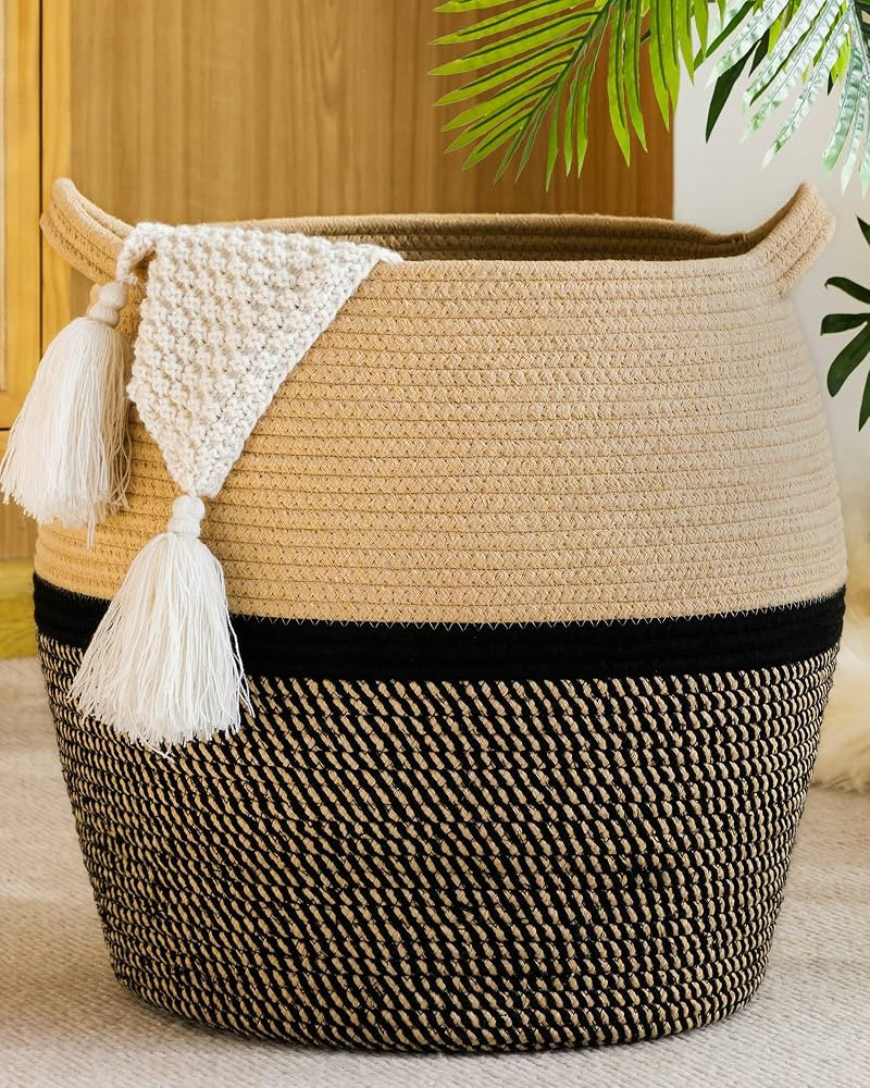 KAKAMAY Woven Baskets for Storage(17"x17"),Large Cotton Rope Woven Baby Laundry Hamper,Collapsibl... | Amazon (US)