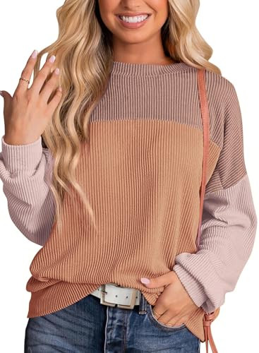 KIRUNDO Womens Spring Fashion 2025 Ribbed Long Sleeve Knit Tops Color Block Casual Loose Crewneck Pullover Shirts Clothing, Khaki Orange, Large | Amazon (US)