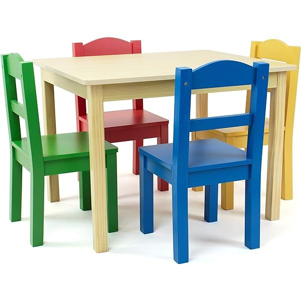 Amazon Basics Kids Wood Table and 4 Chair Set, Natural Table, Assorted Color Chairs | Amazon (US)