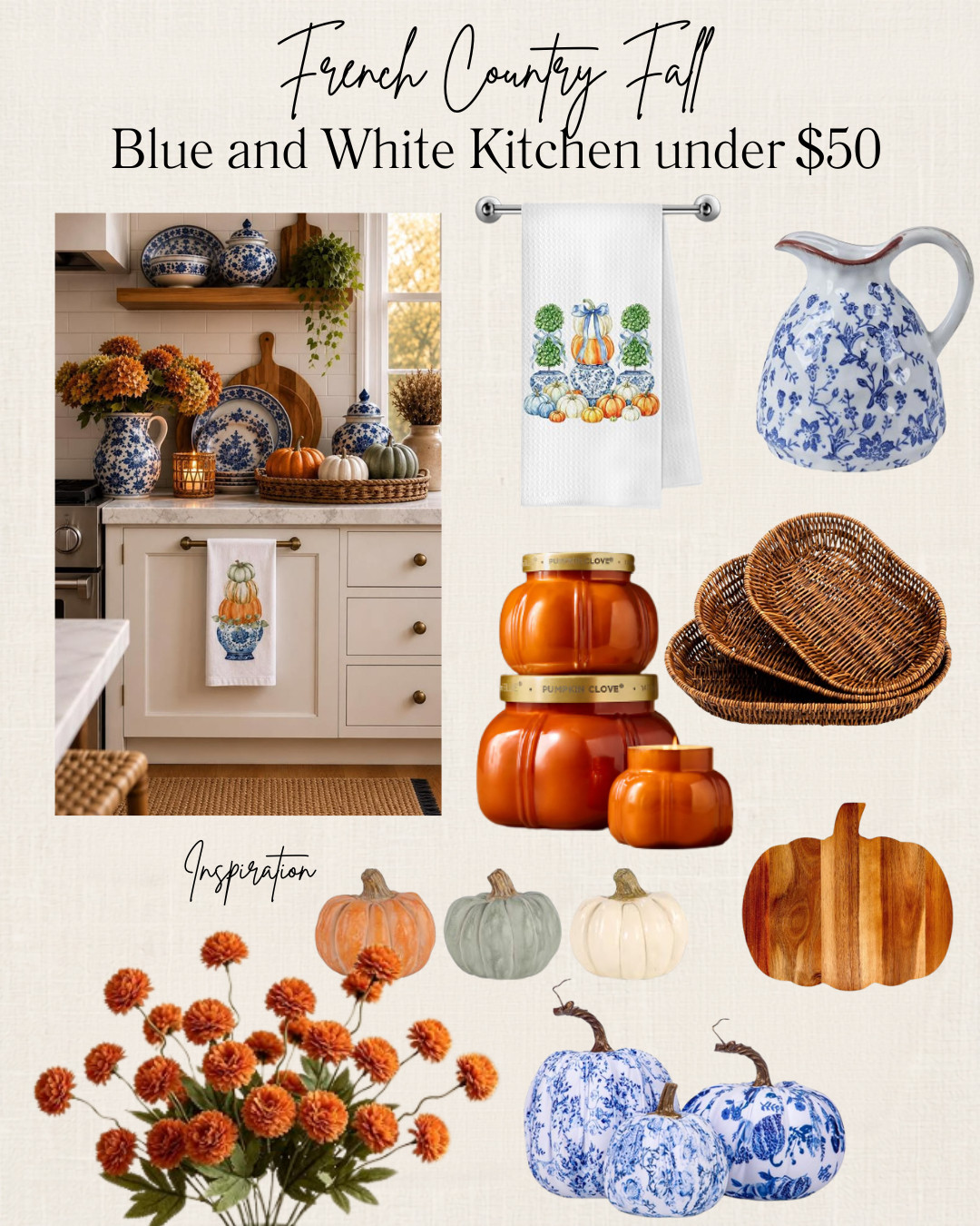 French Country Fall in the kitchen 

You don’t have to completely change your kitchen for fall! I love the idea of layering blue & white with warm autumn accents—pumpkins, woven baskets, wood tones, and pretty florals for that cozy French country feel.

I rounded up some beautiful blue & white kitchen finds + fall touches, all under $50 to recreate this look without breaking the budget. 🎃

*Inspiration photo via Pinterest.*

#frenchcountry #frenchcountrydecor #frenchcountrykitchen #fallkitchendecor #blueandwhite #blueandwhitedecor #fallhome #kitchendecor #amazonfinds #ltkhome #ltkfinds #under50 #falldecor #cozykitchen
 

 