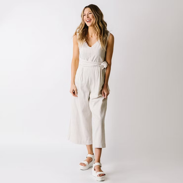 Hope & Henry Women's Woven Sleeveless Tie-Waist Jumpsuit with Wide Leg, Light Taupe Stripe, 14 | Target