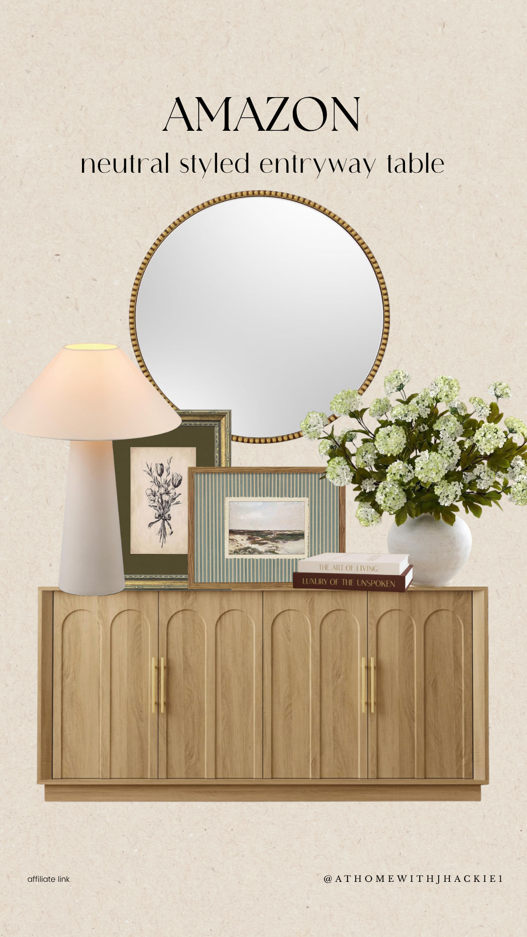 Amazon home decor, Amazon entryway decor, neutral entryway decor, entryway table styling, console table decor, Amazon furniture finds, neutral home decor, warm neutral decor, entryway styling ideas, round gold mirror, wood console cabinet, table lamp decor, faux hydrangeas, decorative frames, coffee table books, organic modern decor, transitional home decor, timeless home decor, cozy neutral home, Amazon home finds, entryway inspiration, designer look for less

#LTKHome