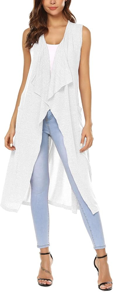 URRU Womens Casual Sleeveless Open Front Cardigan Sweater Vest with Pockets and Belt | Amazon (US)