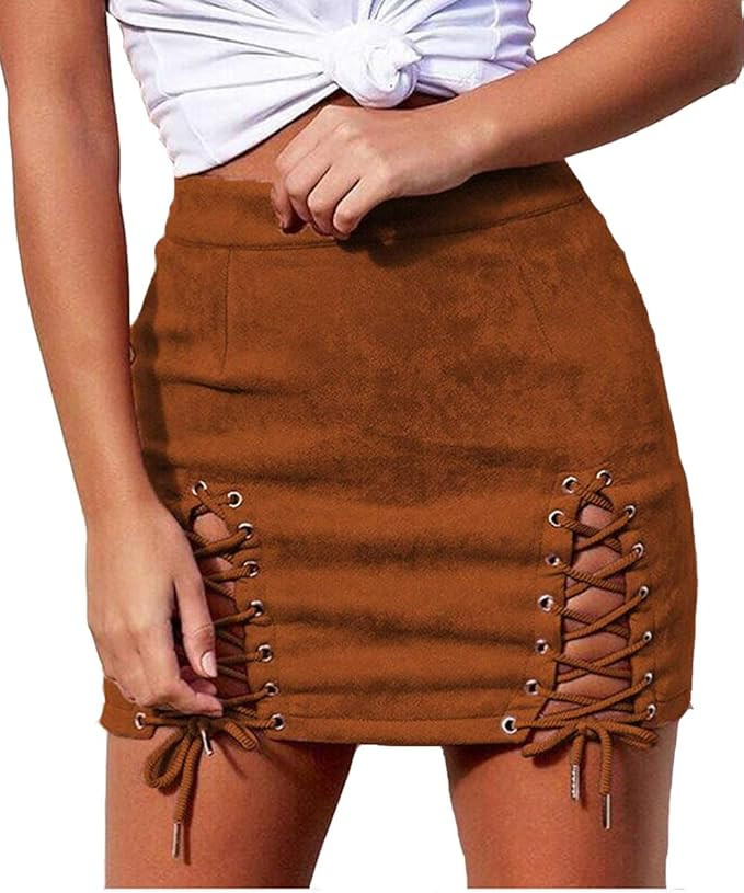 Women's Faux Suede Mini Skirt Sexy Criss Cross Tight Bodycon High Waist Stretch Short Mini Skirt | Amazon (US)