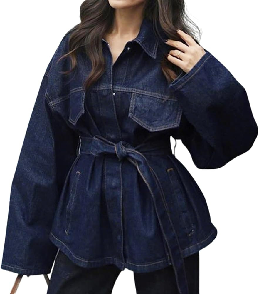 utcoco Women's Jean Jacket 2025 Fall Clothes Fashion Button Down Denim Jacket with Belt | Amazon (US)