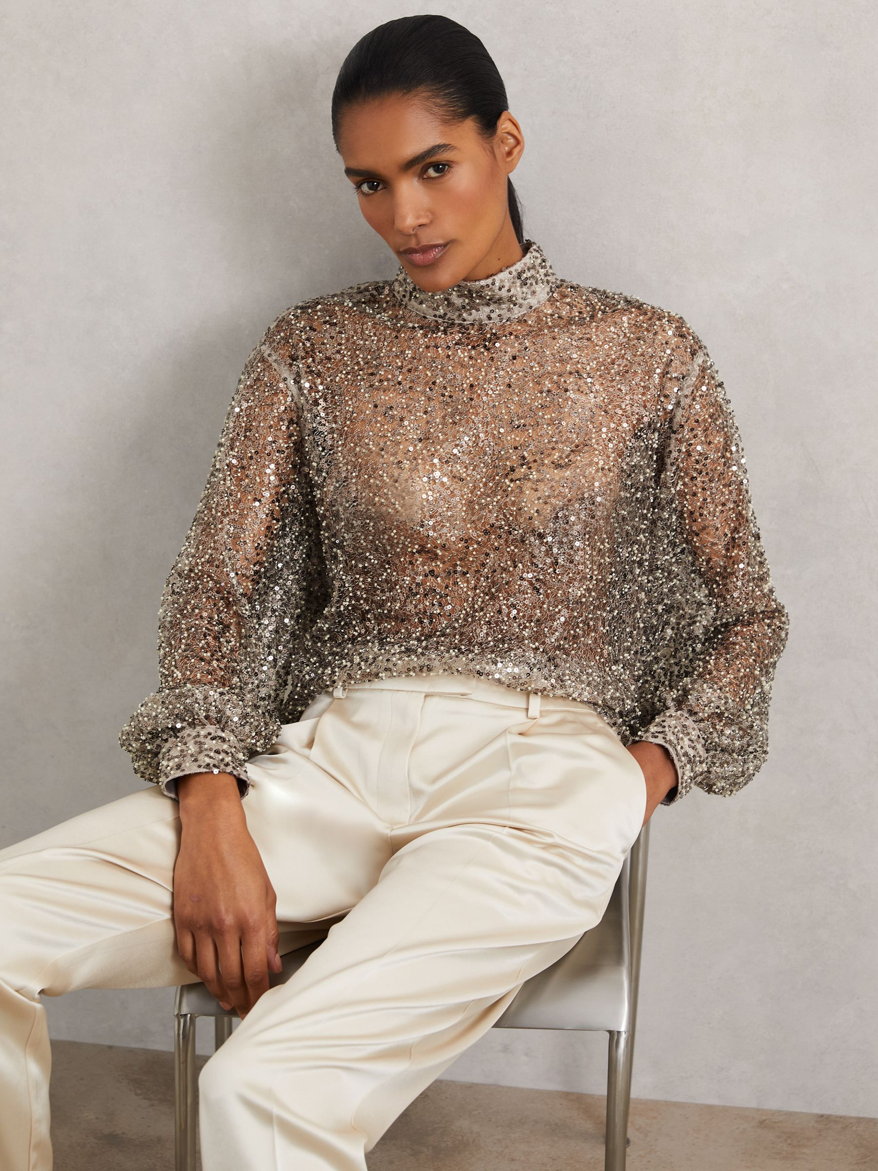 High-Neck Embellished Top in Silver | Reiss UK