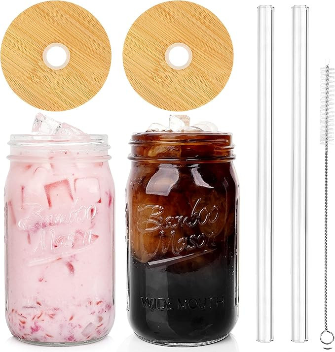 ANOTION Mason Jar with Lid and Straw, 32oz Wide Mouth Cup Reusable Drinking Glasses Tumbler Smoot... | Amazon (US)