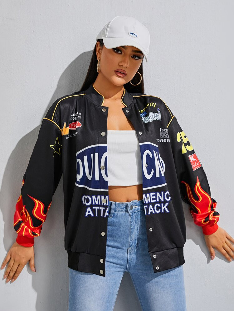 SHEIN Fire & Letter Graphic Bomber Jacket | SHEIN