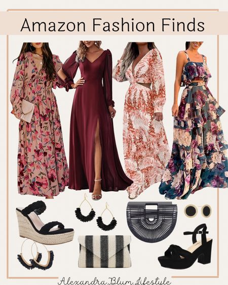 Amazon fashion finds! Cute winter dresses great for holiday parties, wedding guest dresses, and travel vacation dresses! Great maxi dresses! Wedge sandal heels, clutch bags, and black dangle earrings!  

#LTKunder100 #LTKstyletip #LTKHoliday