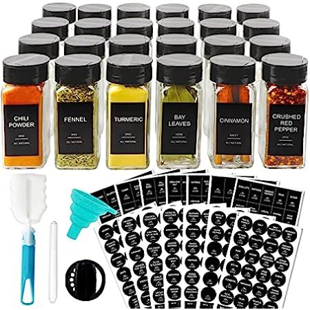 CUCUMI 25 Pcs Glass Spice Jars with Labels, 4oz Square Seasoning Jars with Black Lids for Spice, ... | Amazon (US)