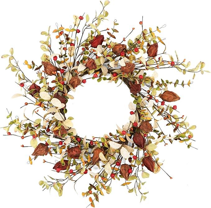 YNYLCHMX 18" Fall Wreaths for Front Door, Artificial Autumn Wreath, Fall Wreath with Eucalyptus L... | Amazon (US)