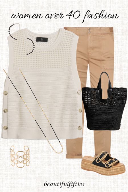 Spring and summer outfit idea for women over 40

Jewelry use code BF20 for 20 percent off site wide

Tank top, casual pants, tote bag, earring, long necklace, slides 

#LTKstyletip #LTKSeasonal #LTKover40