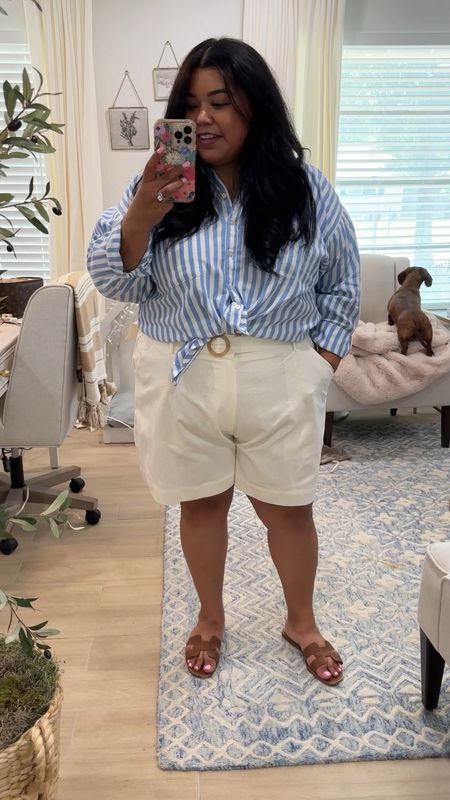 Coastal summer outfit These linen shorts are sooo cute and they are from Walmart! I love the longer length on them! I knotted a striped shirt loosely and paired this look with my Oran  sandals! 

#LTKPlusSize #LTKFindsUnder50 #LTKMidsize
