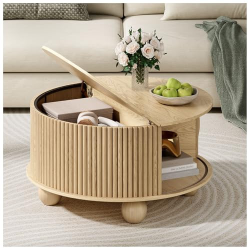 JOINICE,Round Coffee Table with Storage,Fluted Lift Up Coffee Table with Sliding Door,31.5" Drum Center Table with Bun Feet for Living Room,Home Small Space,Oak | Amazon (US)