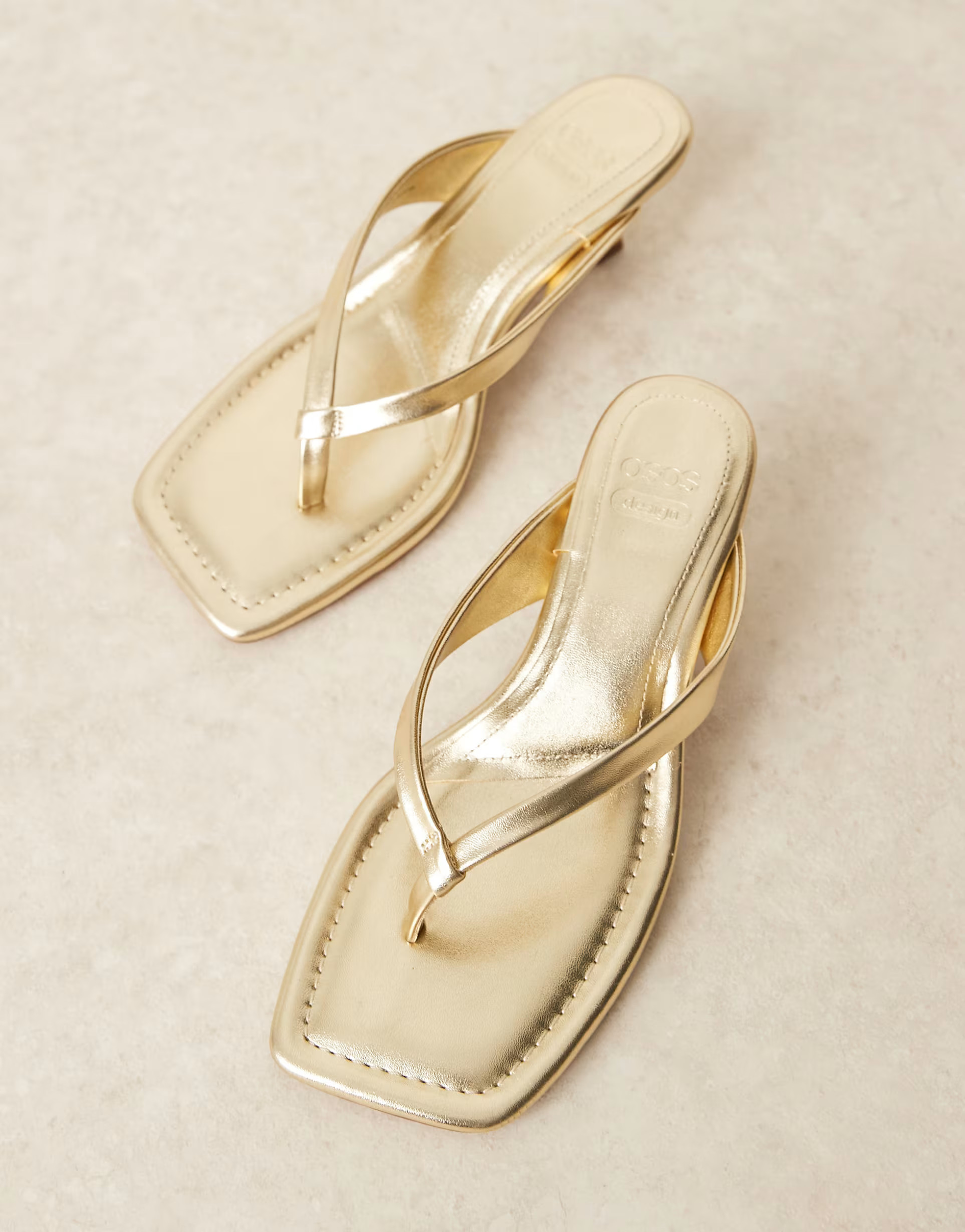 ASOS DESIGN Hawaii toe thong kitten heeled sandals in gold | ASOS (Global)
