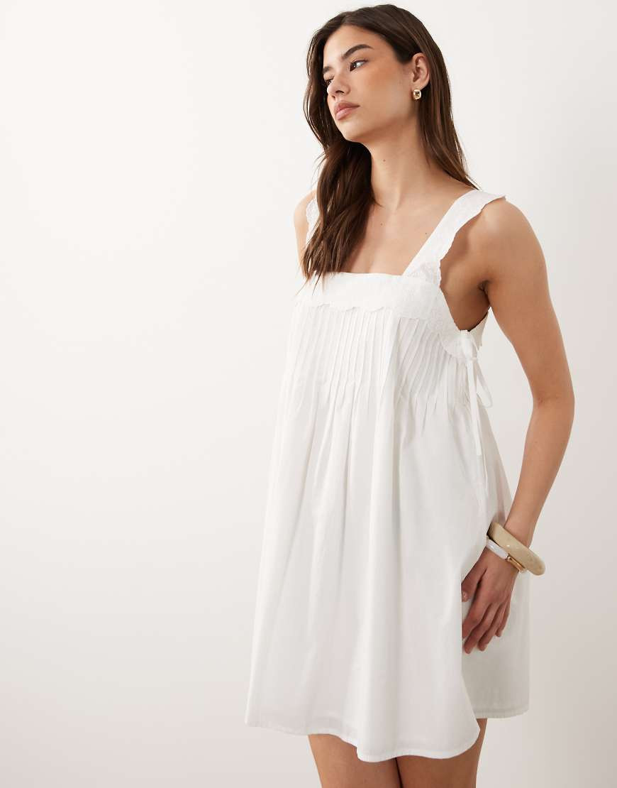 Nobody's Child Valerie cotton square neck pleated mini dress in white | ASOS (Global)