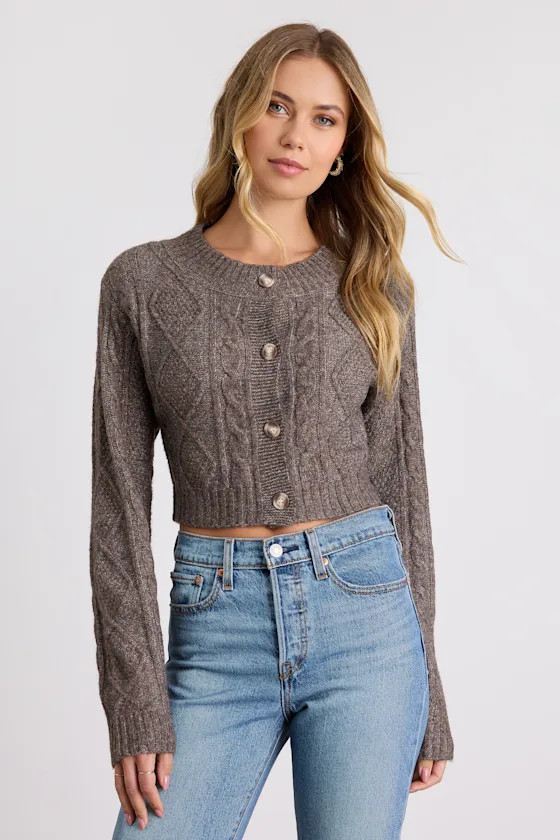 Kaia Brown Marled Cable Knit Cropped Cardigan | Lulus