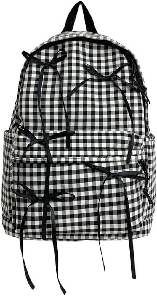 Women Kawaii Ribbon and Bow Backpack Cute Coquette Checkered Laptop Bag Y2k Aesthetic Casual Plaid College Daypack (Black) | Amazon (US)