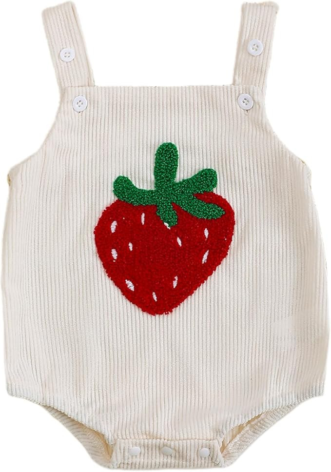 Newborn Baby Girl Summer Clothes Strawberry Embroidery Romper Sleeveless Corduroy Overalls Bodysu... | Amazon (US)
