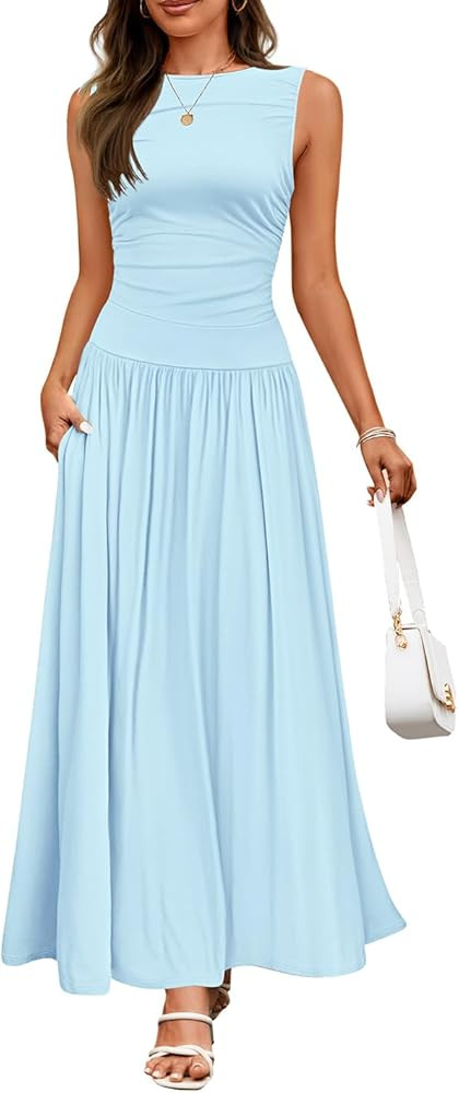 ZESICA Women's Summer Sleeveless Maxi Dress 2025 Casual Crewneck Pleated Flowy Long Dress with Po... | Amazon (US)