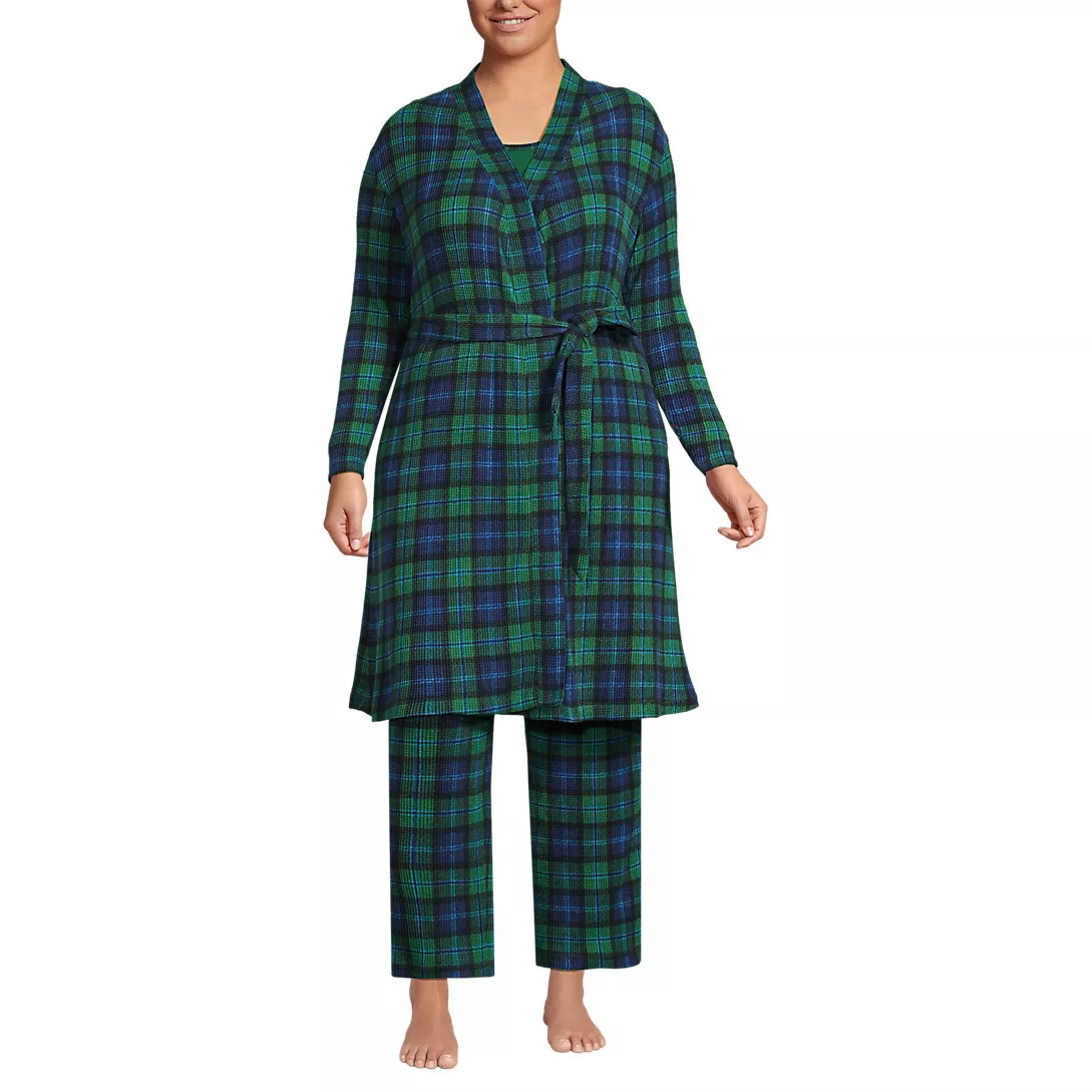 Women's Plus Size Brushed Cozy Waffle Jersey 3 Piece Pajama Set - Tank Top Pant and Robe | Lands' End (US)