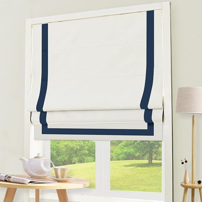 DEJAVU Roman Shades with Ribbon Border for Windows, White Navy Blue Custom Blackout Light Filteri... | Amazon (US)