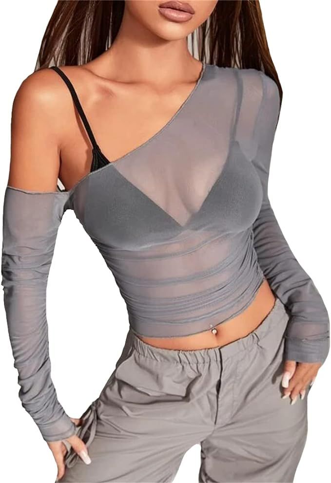 LOFAAC Women Sexy Mesh Sheer See Through Long Sleeve Crop Tops Slim Fit Ruched Off Shoulder Crop ... | Amazon (US)