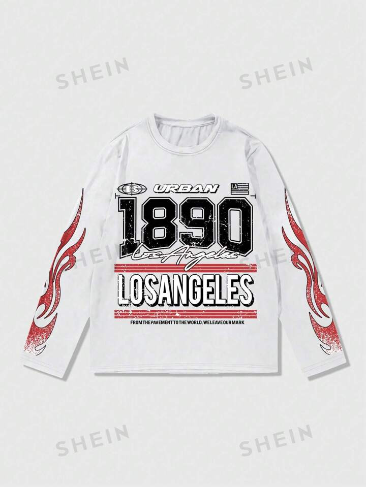 ROMWE Prep Men's Long Sleeve Jersey T-Shirt With Digital & Letter Print, Suitable For Daily Wear,... | SHEIN