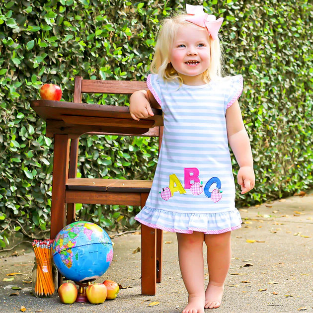 Light Blue Stripe Knit ABC Dress | Classic Whimsy