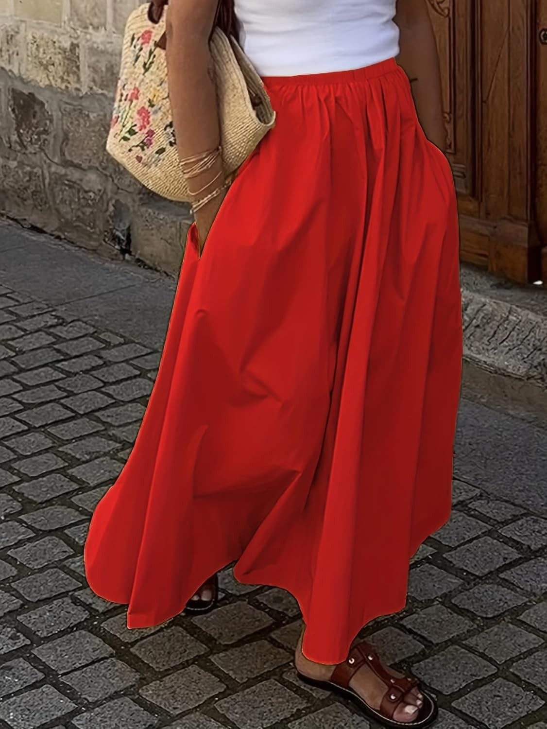 Women's Summer Solid Flared Maxi Skirt, High Waist Pocketed Vacation Outfit | Amazon (US)