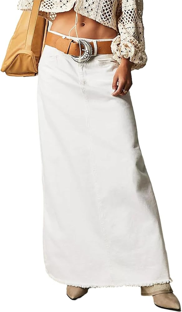 Alyweatry Women Trendy Denim Maxi Skirt High Waist A-Line Frayed Hem Loose Long Jean Skirt OOTD S... | Amazon (US)