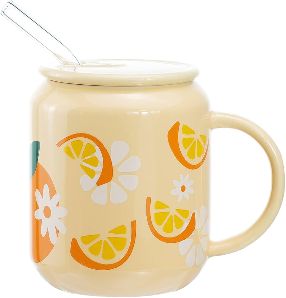 Amazon.com | Sizikato Porcelain Mug with Lid and Straw, 13 Oz Water Cup with Handle, Cute Orange ... | Amazon (US)