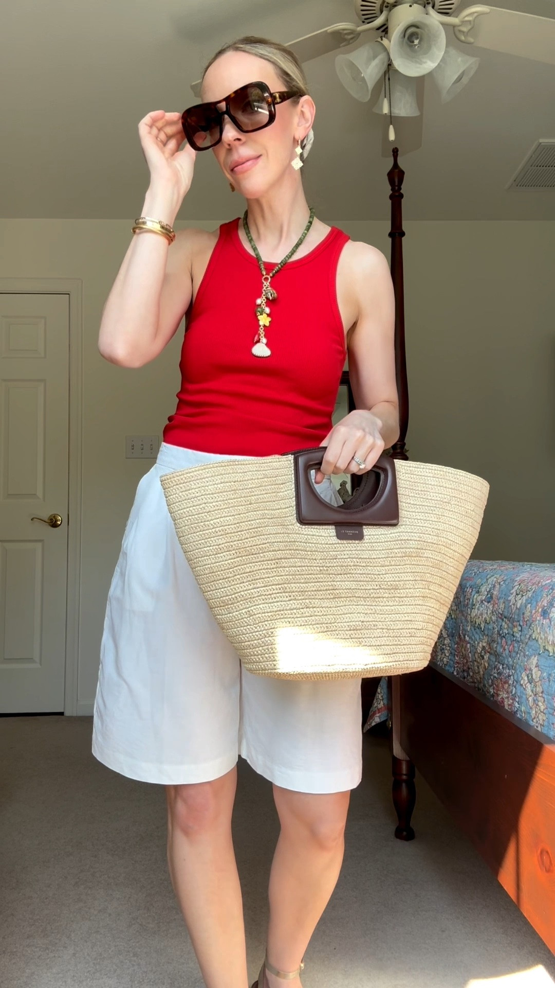 Three summer outfits using the same tank and white bermuda shorts - wear these on vacation or on a dinner date

#LTKSeasonal #LTKgrwm #LTKTravel