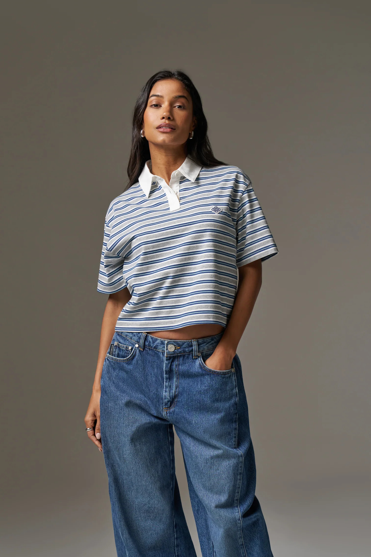 STRIPED POLO TEE - GREY | The Couture Club