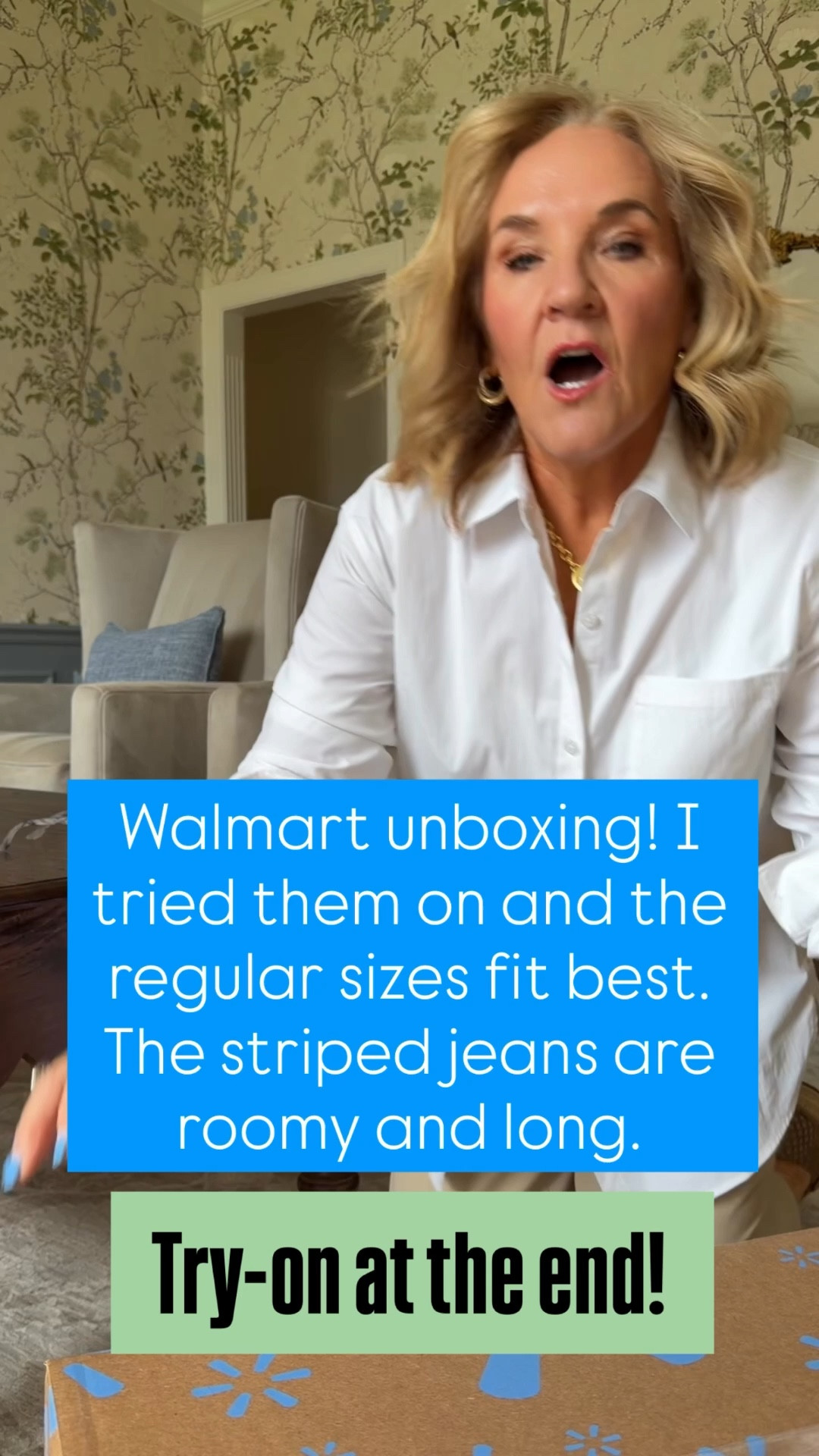 Walmart arrivals. Try on at the end! 

Tan jeans size 8 short 
White blouse medium 
Denim bomber jacket medium 
Striped jeans medium and they’re pretty roomy 
Green dress medium 

The white button down I am wearing is a performance poplin currently 30% off. I’m wearing a small. 20% off my bracelet stack code NANETTE20


#LTKOver40 #LTKPetite #LTKSeasonal
