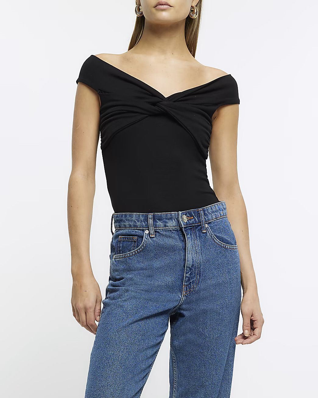 Black twist front bardot top | River Island (UK & IE)