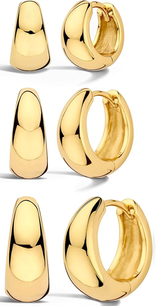 Small Gold Hoop Earrings Set for Women,14K Gold Plated Hypoallergenic Lightweight Thick Chunky Go... | Amazon (US)