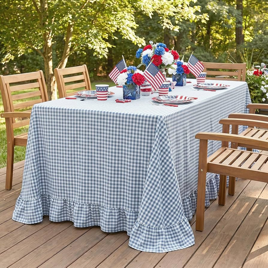 Eternal Beauty 4th of July Gingham Ruffled Tablecloth 60x120, 100% Washed Cotton Blue White Check... | Amazon (US)